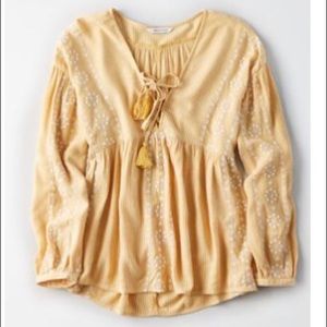 american eagle lace up yellow blouse